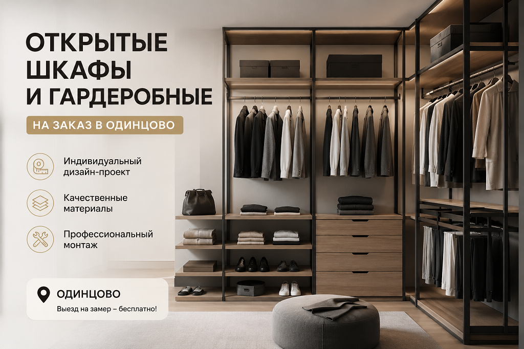 Открытые шкафы и гардеробные на заказ в Одинцово